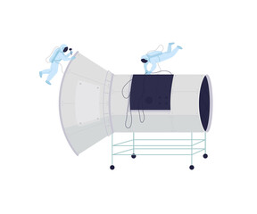 Poster - Astronauts in space flat color vector faceless character. Fixing problems of spaceship in outer space. Science improving isolated cartoon illustration for web graphic design and animation
