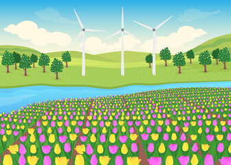 Poster - Tulips field flat color vector illustration. Beautiful countryside with big windmills. Peaceful place to live with rivere 2D cartoon landscape with forest with blooming trees on background