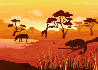 Poster - Savana flat color vector illustration. Place where lots of animals live. Peaceful place with big river. Beautiful nature with animals 2D cartoon landscape with big mountains on background