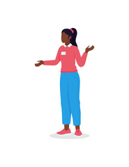 Poster - School teacher flat color vector faceless character. Telling facts about space to class. Person giving lecture on school subject isolated cartoon illustration for web graphic design and animation