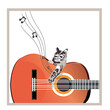 Musical design with a guitar and a kitten, decorated with notes. Hand drawn vector illustration.