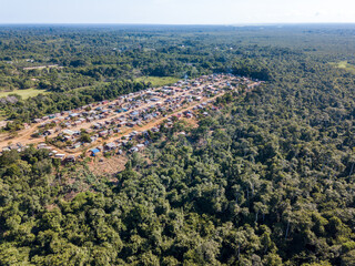 Wall Mural - Aerial view of built village houses and forest trees in deforestation area in the Amazon rainforest, Brazil. Concept of environment, ecology, global warming, climate change, social issues, urban.