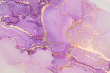 Luxury Abstract Fluid Art Painting In Alcohol Ink Technique, Mixture Of Lilac And Pink Paints.  Imitation Of Marble Stone Cut, Glowing Golden Veins. Tender And Dreamy Design. 