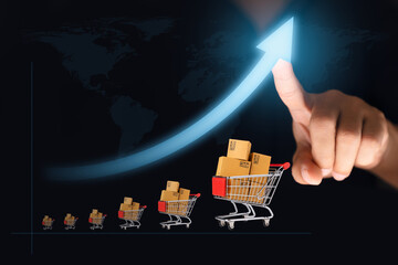 Online shop growing concept, ecommerce marketplace, Web online shopping and delivering, Finger pointing at arrow and shopping cart