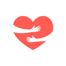 Hugging Heart, Hands Holding Heart, Charity Icon, Love Yourself, Concept Of Volunteers. Vector Illustration Isolated On White Background