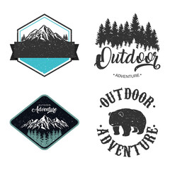 Sticker - bundle of four outdoor adventure letterings emblems with bear and mountains