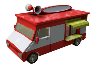 3D RENDER ILLUSTRATION. CLIPPING PATH Fast street food truck car market kiosk. Local stall mini shop design on isolated white background.