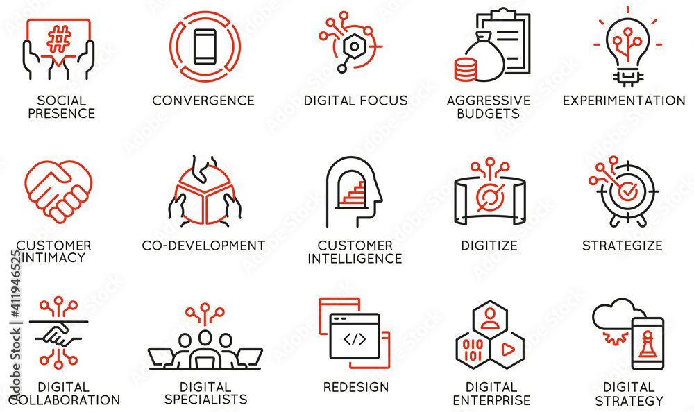 Vector Set of Linear Icons Related to Business Process Automation, Implementation of Innovative Business Models and Digital Transformation. Mono Line Pictograms and Infographics Design Elements - obrazy, fototapety, plakaty 