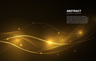 Golden glowing waves with glitter on a dark background. Shiny geometric lines with golden sparkles and glow.