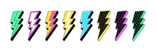 Isolated Lightning Bolt Signs. 4st Set Of Flash Thunderbolts With Texture For Zine Retro Culture