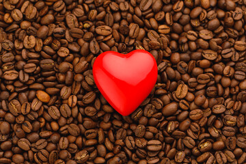 Poster - red heart shape on roasted coffee beans background