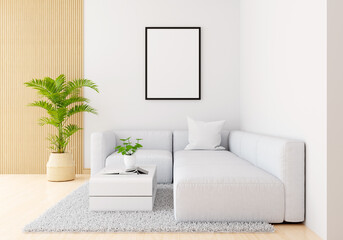 Sofa in white living room with frame mockup, 3D rendering