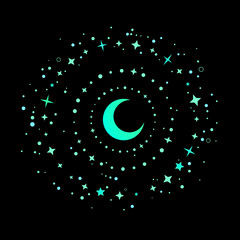 Wall Mural - mystical round composition of bright crescent and stars