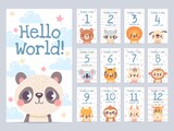 Fototapeta Pokój dzieciecy - Baby month cards with animals. Monthly milestone stickers for newborn scrapbook. Kids age tags with sloth, lion, giraffe and fox vector set. Celebrating child growth with adorable characters