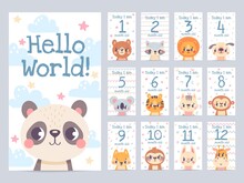 Baby Month Cards With Animals. Monthly Milestone Stickers For Newborn Scrapbook. Kids Age Tags With Sloth, Lion, Giraffe And Fox Vector Set. Celebrating Child Growth With Adorable Characters