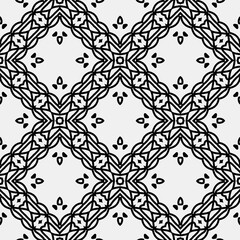 

Raster geometric ornament. Black and white seamless pattern with star shapes, squares, diamonds, grid, floral silhouettes. Simple monochrome ornamental background. Repeat design for decor, print