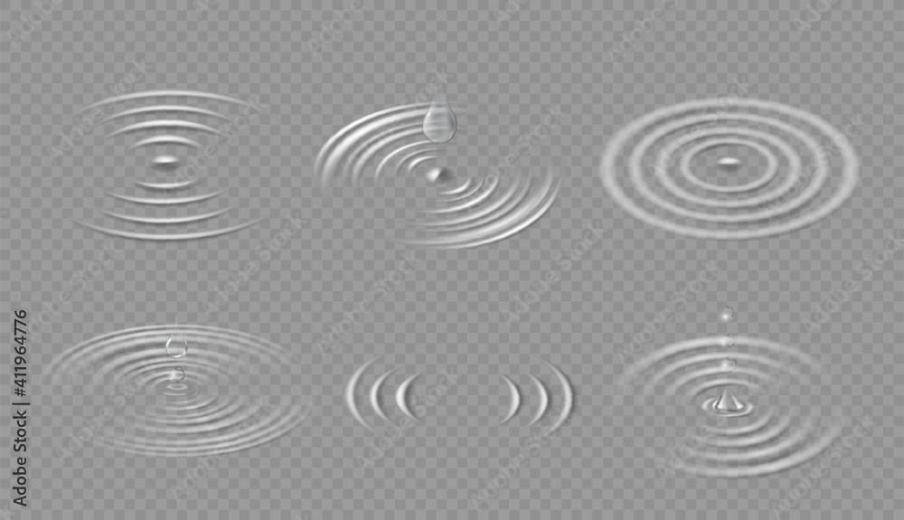 Drops and ripples. Circular wave on water surface. Falling dripping droplet and concentric circle splash in puddle. Liquid ripple vector set side view. Spiral movement of fluid isolated on transparent - obrazy, fototapety, plakaty 