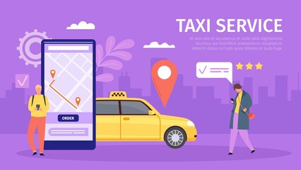 Poster - taxi online service. young man and woman order cab by smartphone. big phone with map and location. m