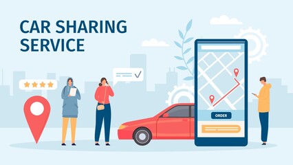 Poster - car sharing service. big smartphone screen with mobile app and people ordering cars for share or ren