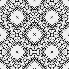 Raster geometric ornament. Black and white seamless pattern with star shapes, squares, diamonds, grid, floral silhouettes. Simple monochrome ornamental background. Repeat design for decor, print