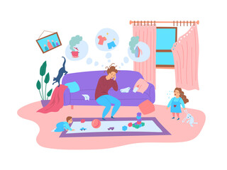 Wall Mural - Cartoon Color Character Person Tired Mother Concept. Vector