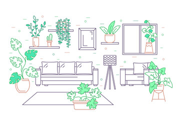 Canvas Print - Room with Green House Plant Concept Contour Linear Style. Vector