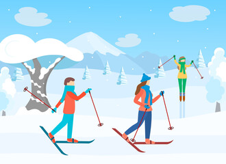 Wall Mural - Cartoon Color Characters People Winter Skiing and Landscape Scene Concept. Vector