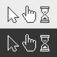 Fototapete - Pixel cursors icons. Vector Mouse hand arrow hourglass. Black and white illustration. EPS 10.