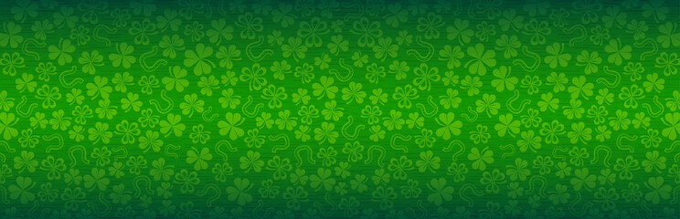 Wall Mural - green patrick's day greeting banner with green clovers. patrick's day holiday design. horizontal bac