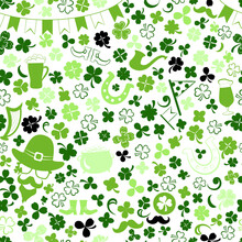 Seamless Pattern On St. Patrick's Day Made Of Clover Leaves And Other Symbols In Green Colors