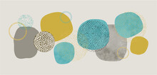 Blue Gold And Gray Brown Modern Abstract Background With Circle Watercolor Blobs And Blotches With Speckled Spatter Dots And Spots In Black And Gold Art Pattern In Mid Century Circles Style Design