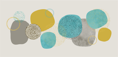 Wall Mural - Blue gold and gray brown modern abstract background with circle watercolor blobs and blotches with speckled spatter dots and spots in black and gold art pattern in mid century circles style design
