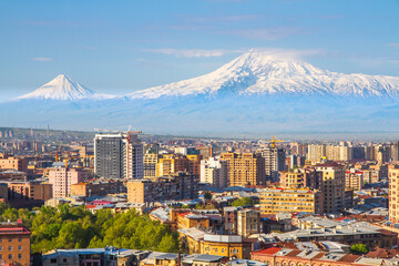 Mount Ararat (Turkey) at 5,137 m viewed from Yerevan, Armenia. This snow-capped dormant compound volcano consists of two major volcanic cones described in the Bible as the resting place of Noah's Ark.