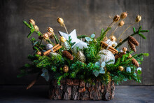 Christmas Candle Decoration With Pine Cones And Fir Branches