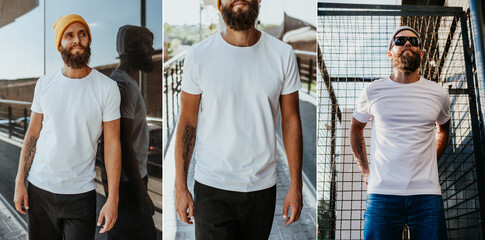 Wall Mural - Collage of photos with young bearded hipster guy wearing white blank t-shirt. Mock-up for print. T-shirt template.