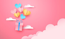 Pink Paper Gift Box Flying In Sky Heart Balloon