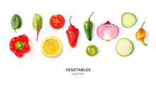 Creative Layout Made Of Tomato, Onion, Pepper, Cucumber And Zucchini On The White Background. Flat Lay. Food Concept. 