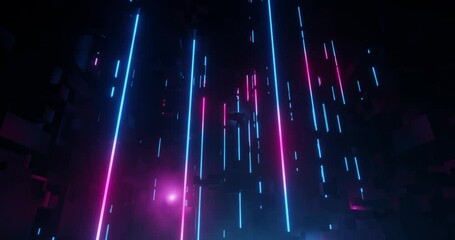 Poster - Neon Pillars in City with Light Tech Digital effect. Bright Pink and Blue Neon lens flares. Perfect for VJ, projection , nightclub , party , LED, techno EDM video display. 3D render, 4K loop