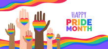 Happy Pride Month Lgbt Multiracial Hands With Hearts Vector Illustration