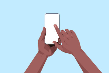 african american human hands holding smartphone with blank touch screen using mobile phone concept isolated horizontal vector illustration