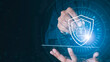 © SEVENNINE_79 - Data or network protection, business people press shield icon, web button, virus security. Data protection and insurance Business security concepts, information security against viruses,system Matrix