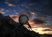 Woman Pushing Big Rock Uphill. Sisyphus Businesswoman Concept
