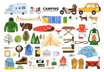 watercolor set of camping and hiking equipment, outdoors adventure. isolated items. hand drawn illus