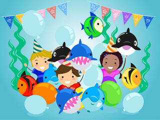 Wall Mural - Stickman Kids Underwater Birthday Illustration