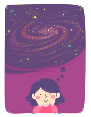 Sticker - Kid Girl Think Galaxy Universe Illustration