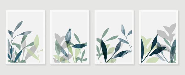 Botanical wall art vector set. Foliage line art drawing with  abstract shape.  Abstract Plant Art design for print, cover, wallpaper, Minimal and  natural wall art background.