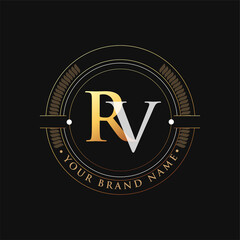 Wall Mural - initial letter logo RV gold and white color, with stamp and circle object, Vector logo design template elements for your business or company identity.