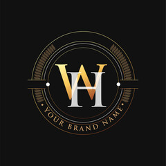 initial letter logo WH gold and white color, with stamp and circle object, Vector logo design template elements for your business or company identity.