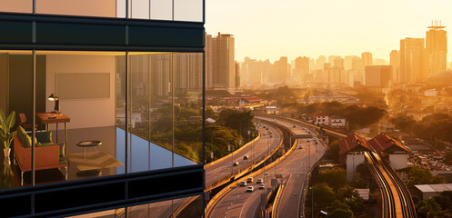 Wall Mural - Panoramic view of beautiful evening cityscape