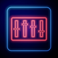 Glowing neon Sound mixer controller icon isolated on black background. Dj equipment slider buttons. Mixing console. Vector.